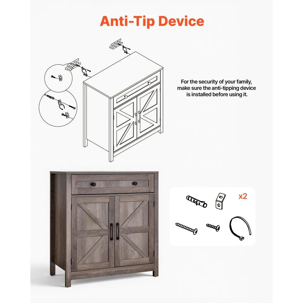 VEVOR Coffee Bar Cabinet with Drawer & Barn Doors – Farmhouse Buffet Storage Cabinet, Grey