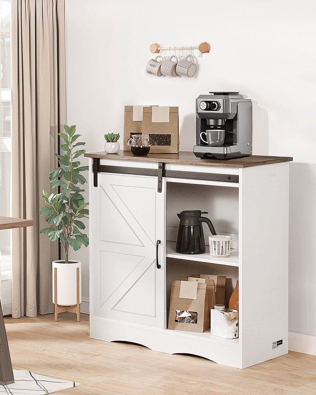 VEVOR Coffee Bar Cabinet 3-Tier Coffee Bar Table with Barn Doors Brown White 