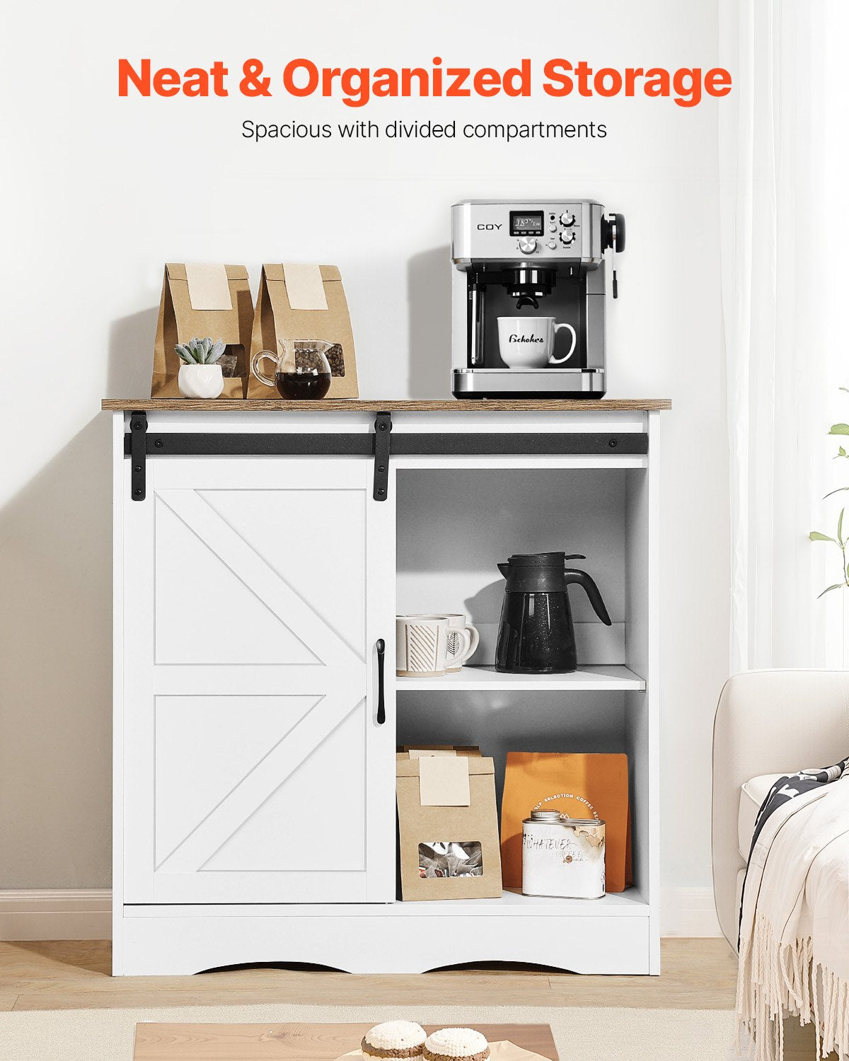 VEVOR Coffee Bar Cabinet 3-Tier Coffee Bar Table with Barn Doors Brown White 