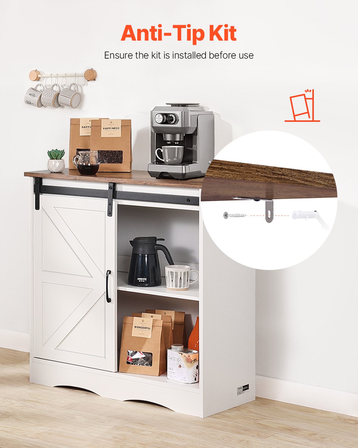 VEVOR Coffee Bar Cabinet 3-Tier Coffee Bar Table with Barn Doors Brown White 