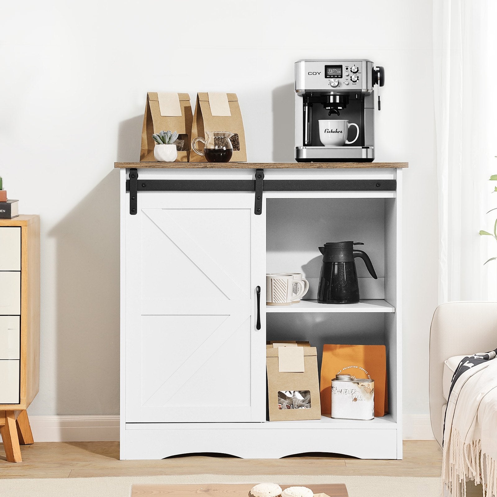 VEVOR Coffee Bar Cabinet 3-Tier Coffee Bar Table with Barn Doors Brown White 