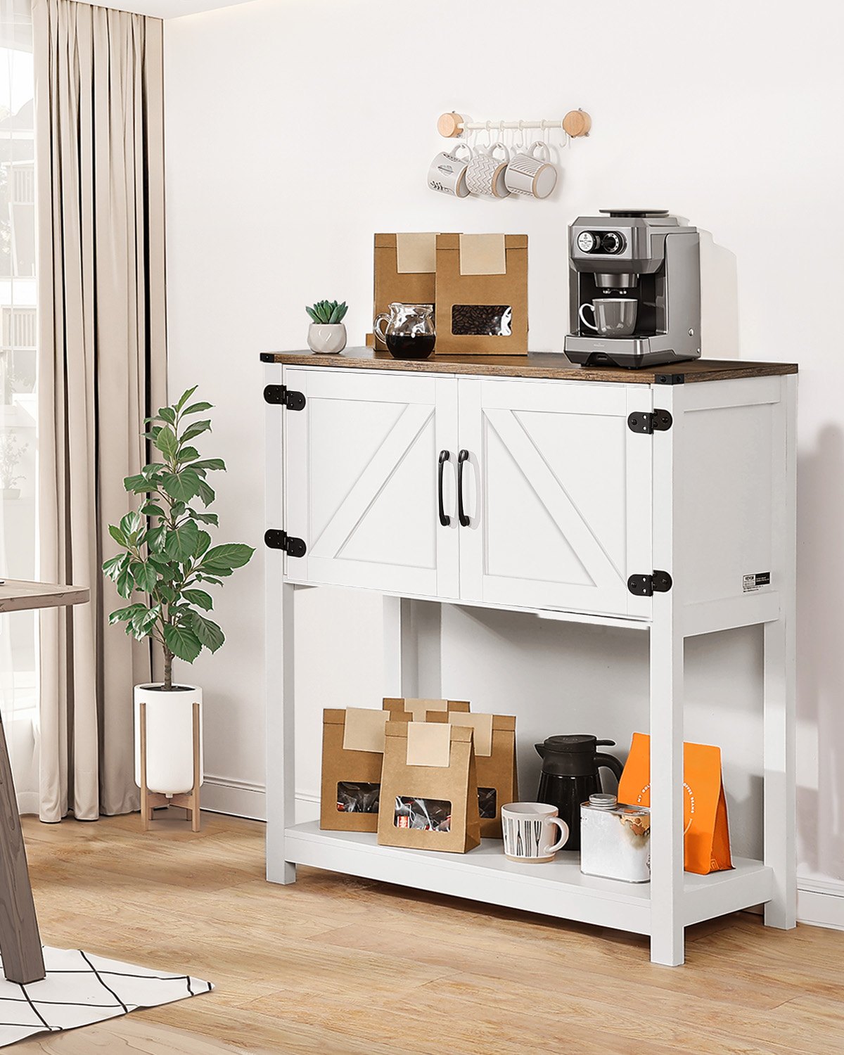 VEVOR Coffee Bar Cabinet 3-Tier Coffee Bar Table with Magnet Doors Brown White 