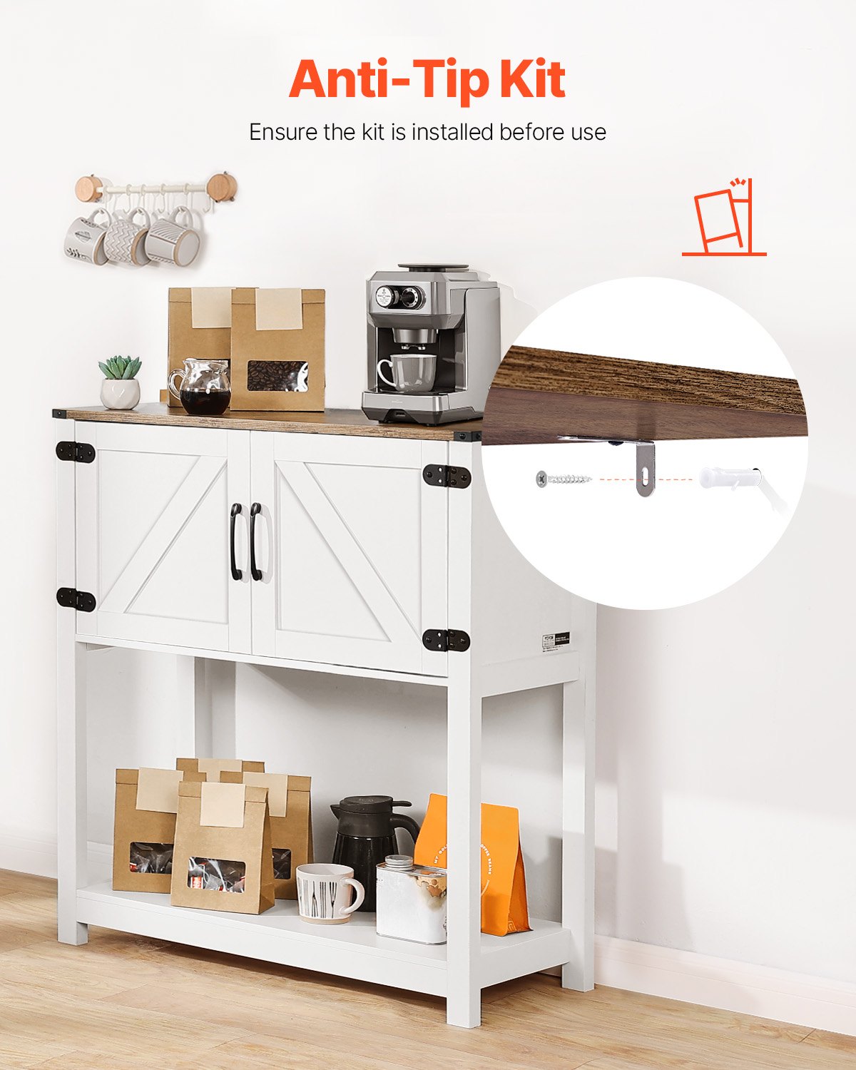VEVOR Coffee Bar Cabinet 3-Tier Coffee Bar Table with Magnet Doors Brown White 