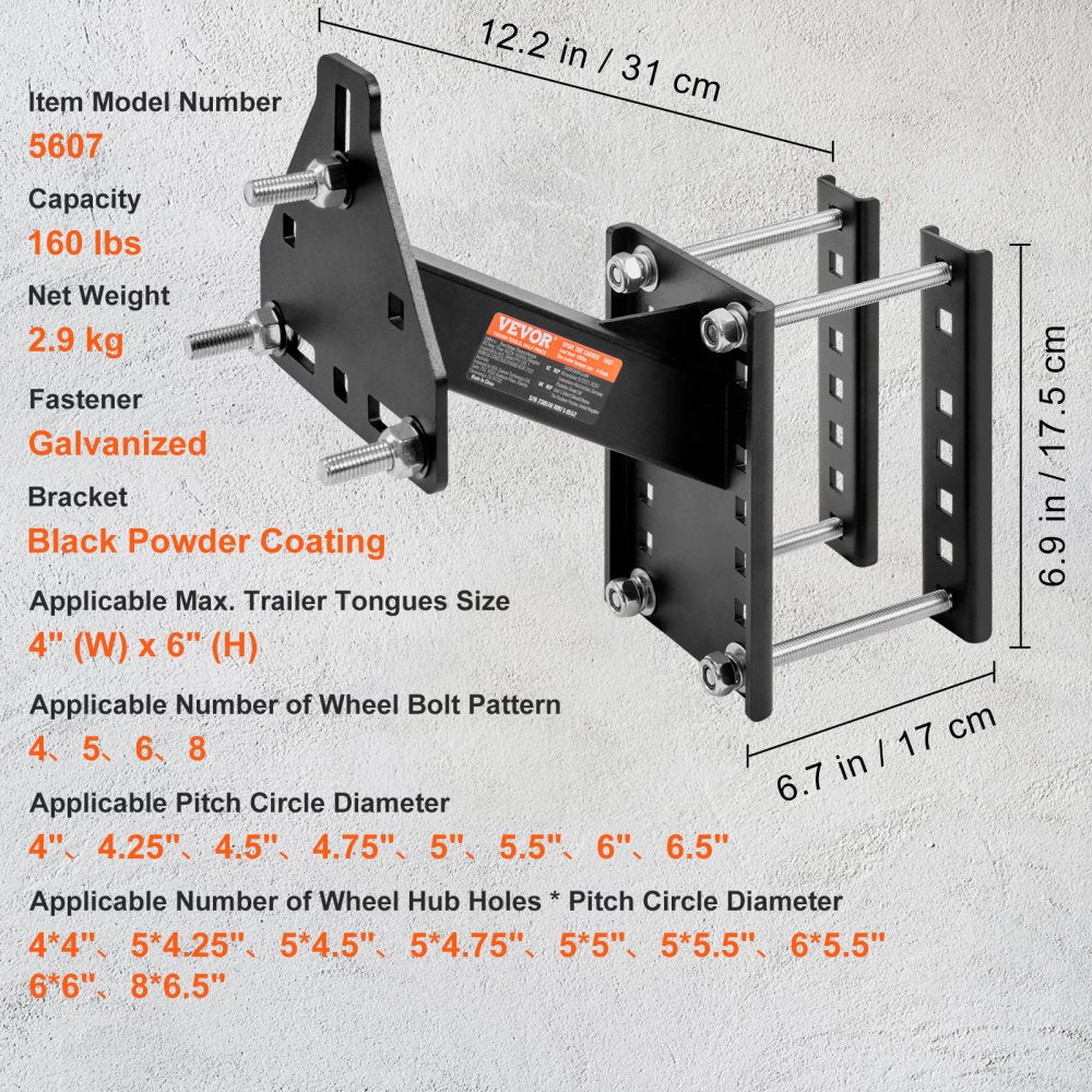 VEVOR Spare Tire Carrier, Trailer Spare Tire Mount, 160 lbs Capacity, Utility Trailer Accessories Fits Most 4 & 5 & 6 & 8 Lugs Wheels on 4", 4.25", 4.5", 4.75", 5", 5.5", 6", 6.5" Bolt Patterns 