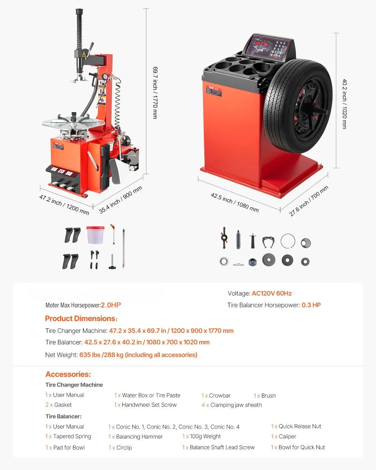 Electric Tire Changer & Wheel Balancer, 1.5 HP Motor, 18" Spindle, Auto Calibration – 120V