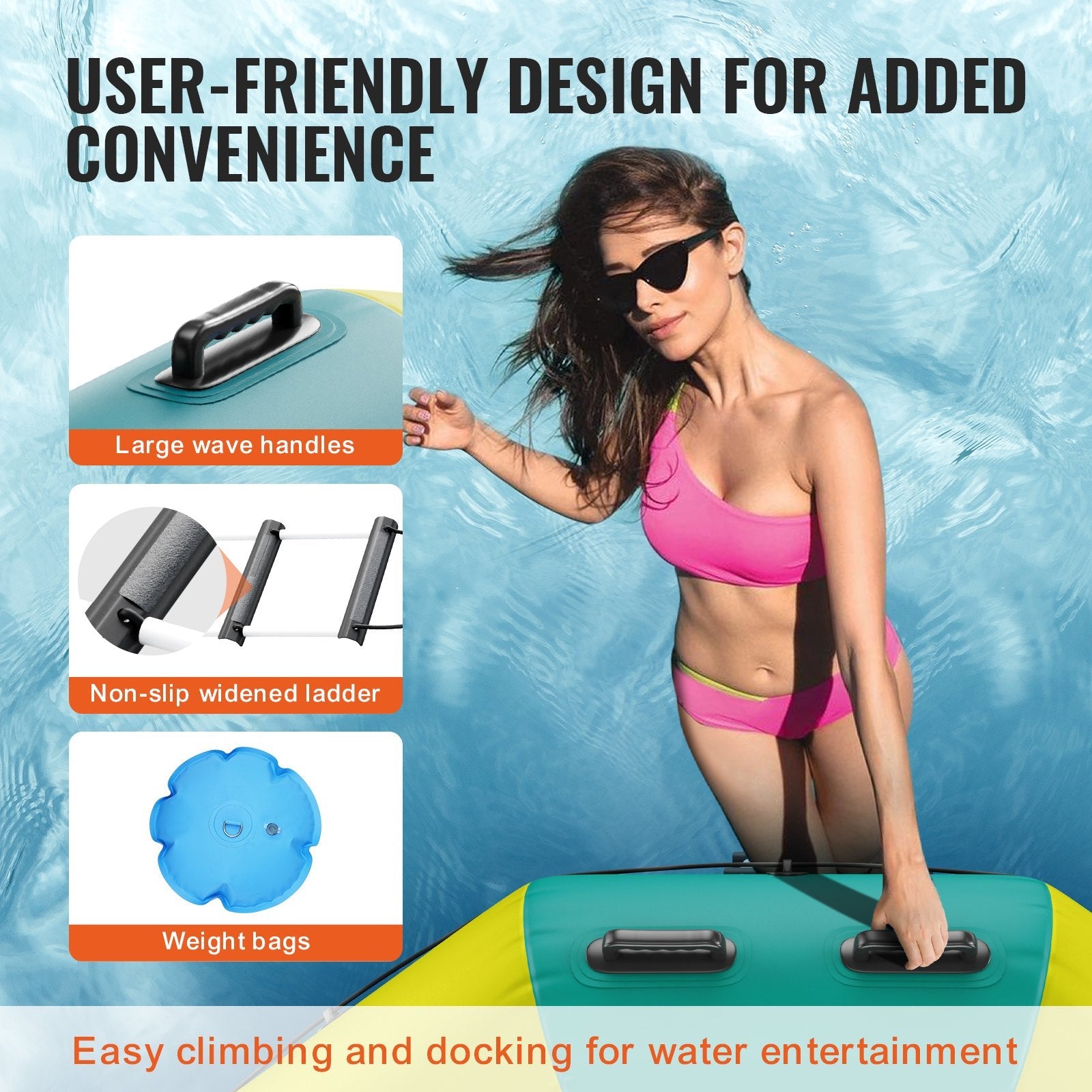 VEVOR Inflatable Water Bouncer, 12ft Recreational Water Trampoline, Portable Bounce Swim Platform with 3-Step Ladder & Electric Air Pump, Kids Adults Floating Rebounder for Pool, Lake, Water Sports 