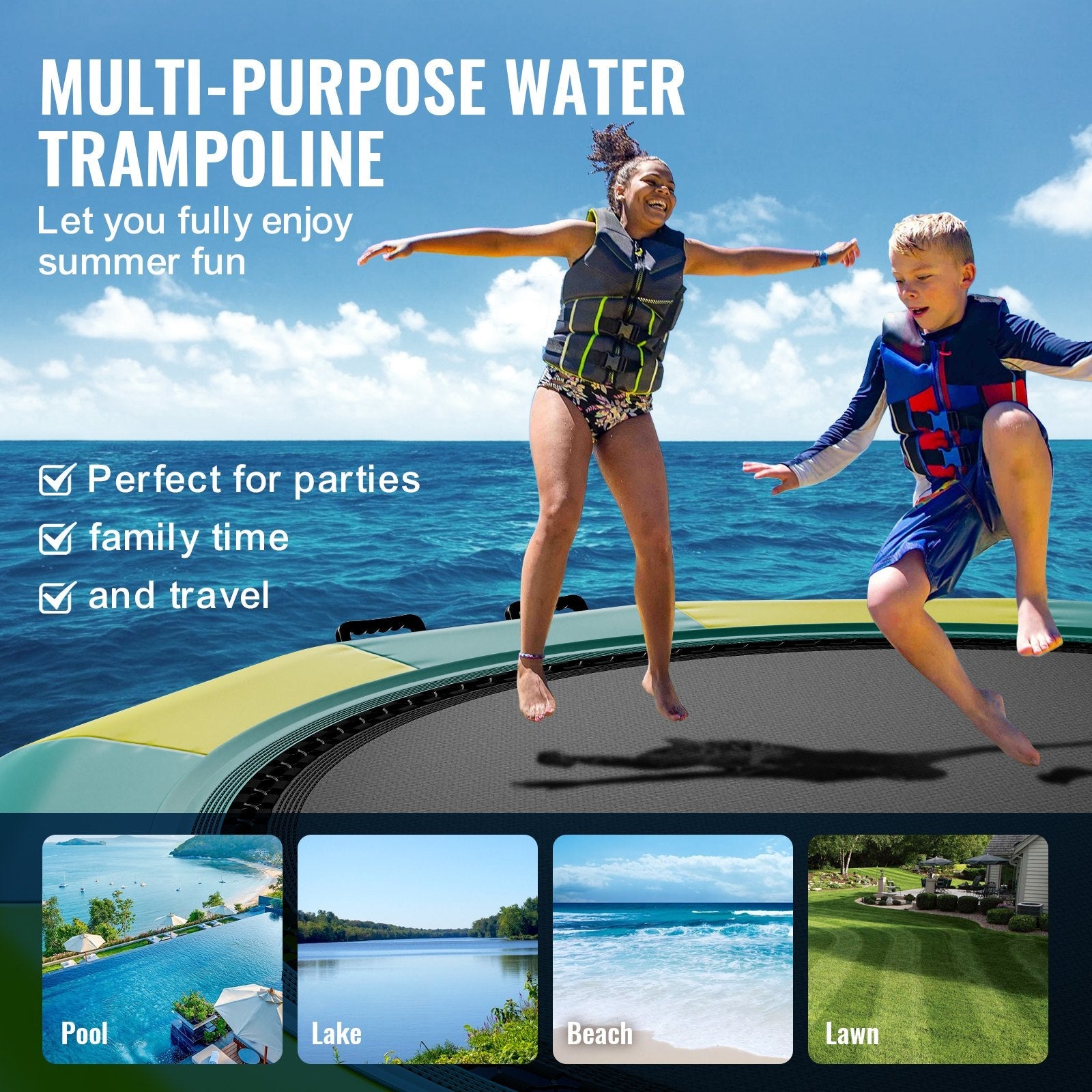 VEVOR Inflatable Water Bouncer, 12ft Recreational Water Trampoline, Portable Bounce Swim Platform with 3-Step Ladder & Electric Air Pump, Kids Adults Floating Rebounder for Pool, Lake, Water Sports 