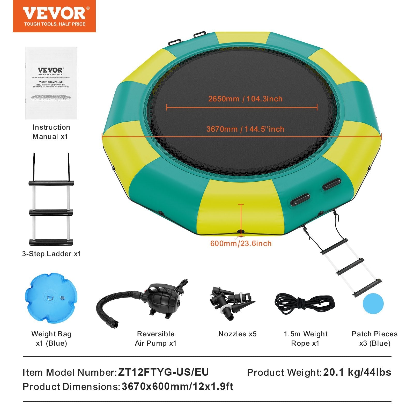 VEVOR Inflatable Water Bouncer, 12ft Recreational Water Trampoline, Portable Bounce Swim Platform with 3-Step Ladder & Electric Air Pump, Kids Adults Floating Rebounder for Pool, Lake, Water Sports 