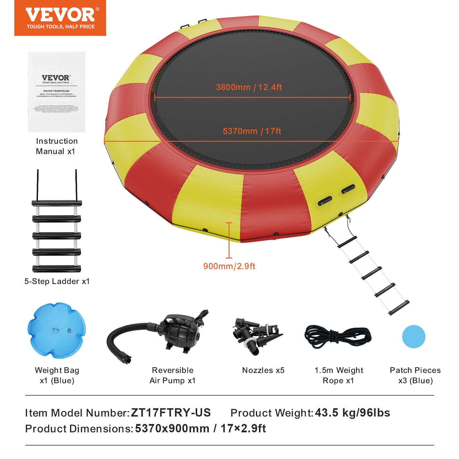VEVOR Inflatable Water Bouncer, 17ft Recreational Water Trampoline, Portable Bounce Swim Platform with 5-Step Ladder & Electric Air Pump, Kids Adults Floating Rebounder for Pool, Lake, Water Sports 