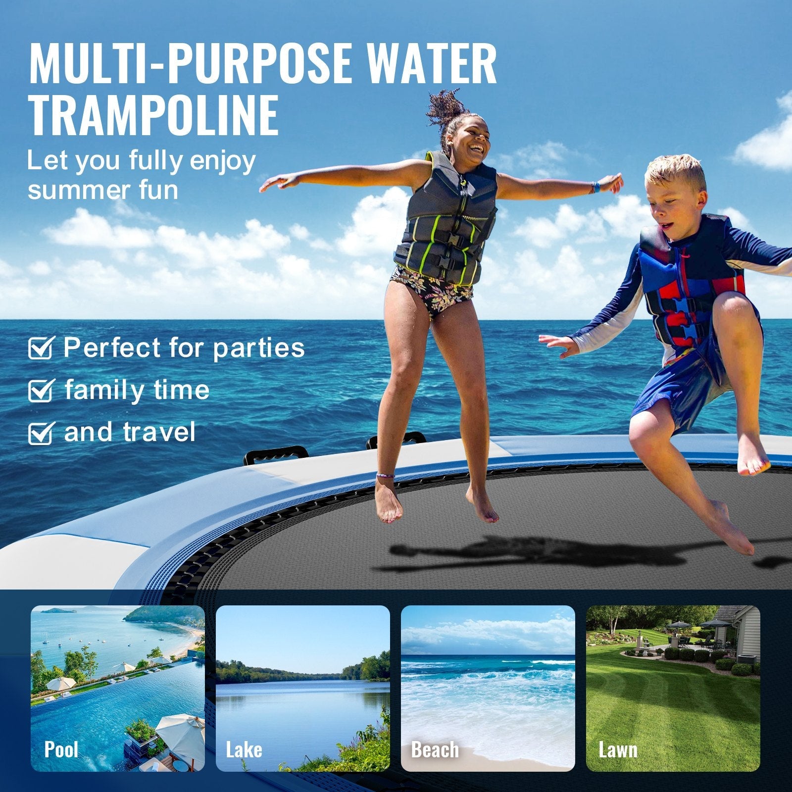 VEVOR Inflatable Water Bouncer, 13ft Recreational Water Trampoline, Portable Bounce Swim Platform with 3-Step Ladder & Electric Air Pump, Kids Adults Floating Rebounder for Pool, Lake, Water Sports 
