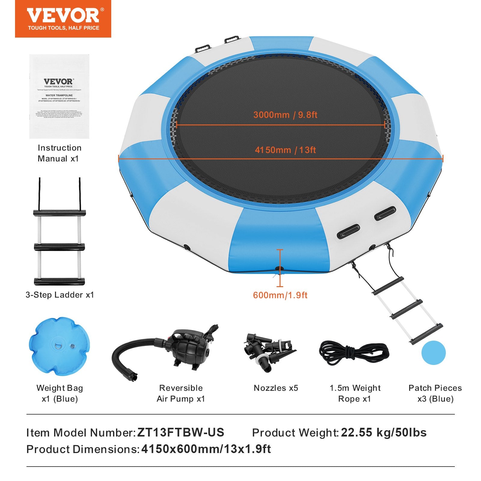 VEVOR Inflatable Water Bouncer, 13ft Recreational Water Trampoline, Portable Bounce Swim Platform with 3-Step Ladder & Electric Air Pump, Kids Adults Floating Rebounder for Pool, Lake, Water Sports 