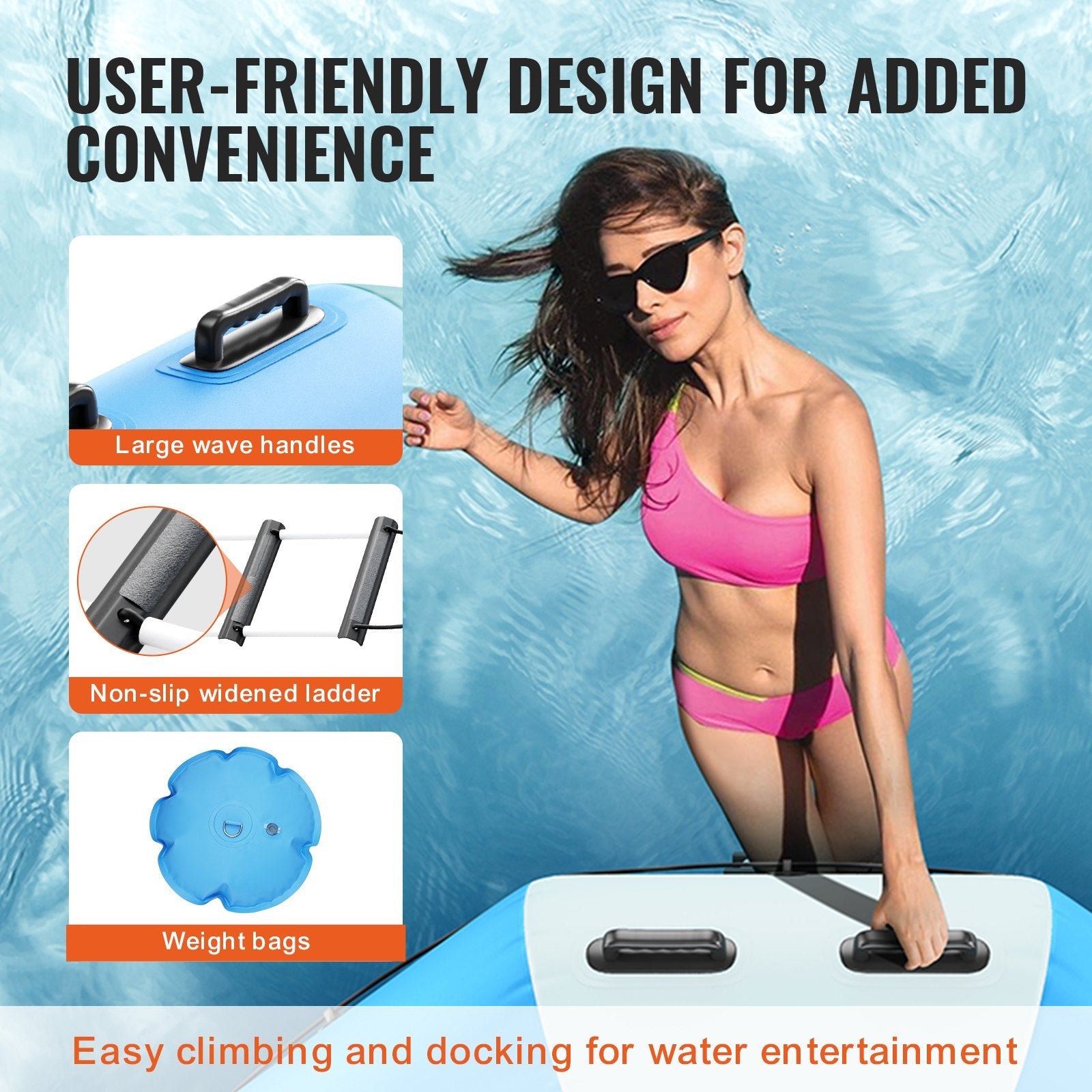 VEVOR Inflatable Water Bouncer, 15ft Recreational Water Trampoline, Portable Bounce Swim Platform with 3-Step Ladder & Electric Air Pump, Kids Adults Floating Rebounder for Pool, Lake, Water Sports 