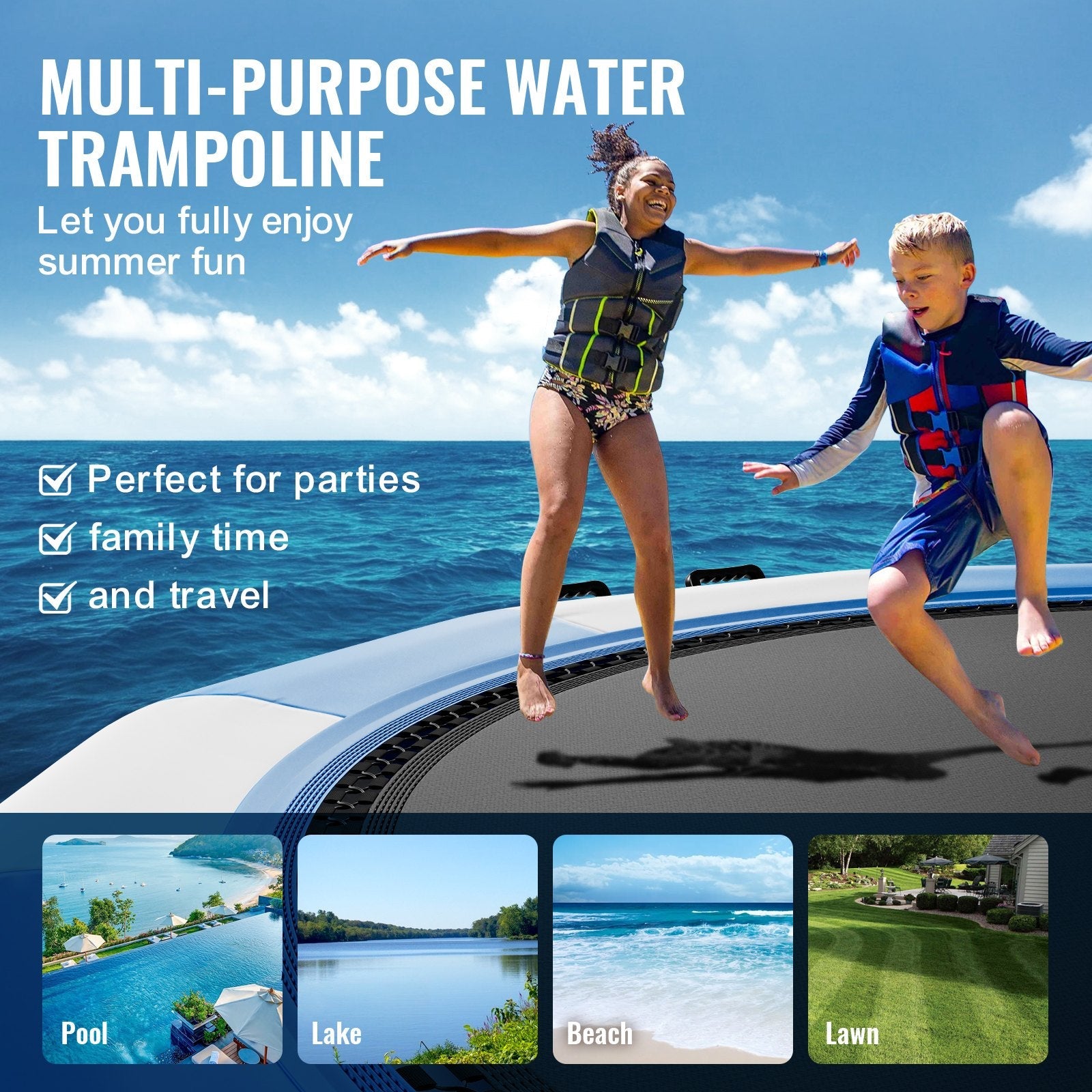 VEVOR Inflatable Water Bouncer, 15ft Recreational Water Trampoline, Portable Bounce Swim Platform with 3-Step Ladder & Electric Air Pump, Kids Adults Floating Rebounder for Pool, Lake, Water Sports 