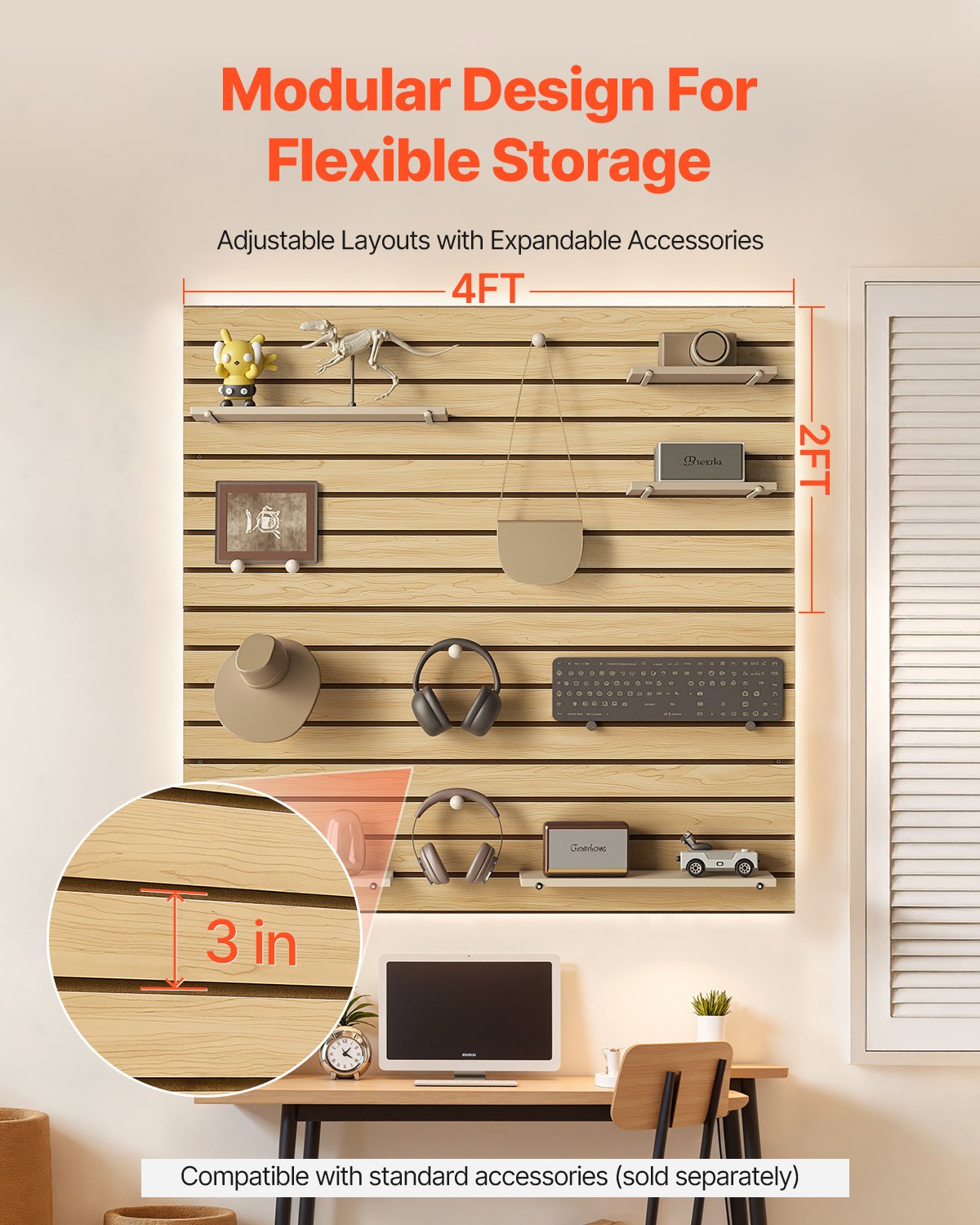 VEVOR 4 x 4 ft SlatWall Paneling MDF Natural Garage Slatwall with Modular Design 