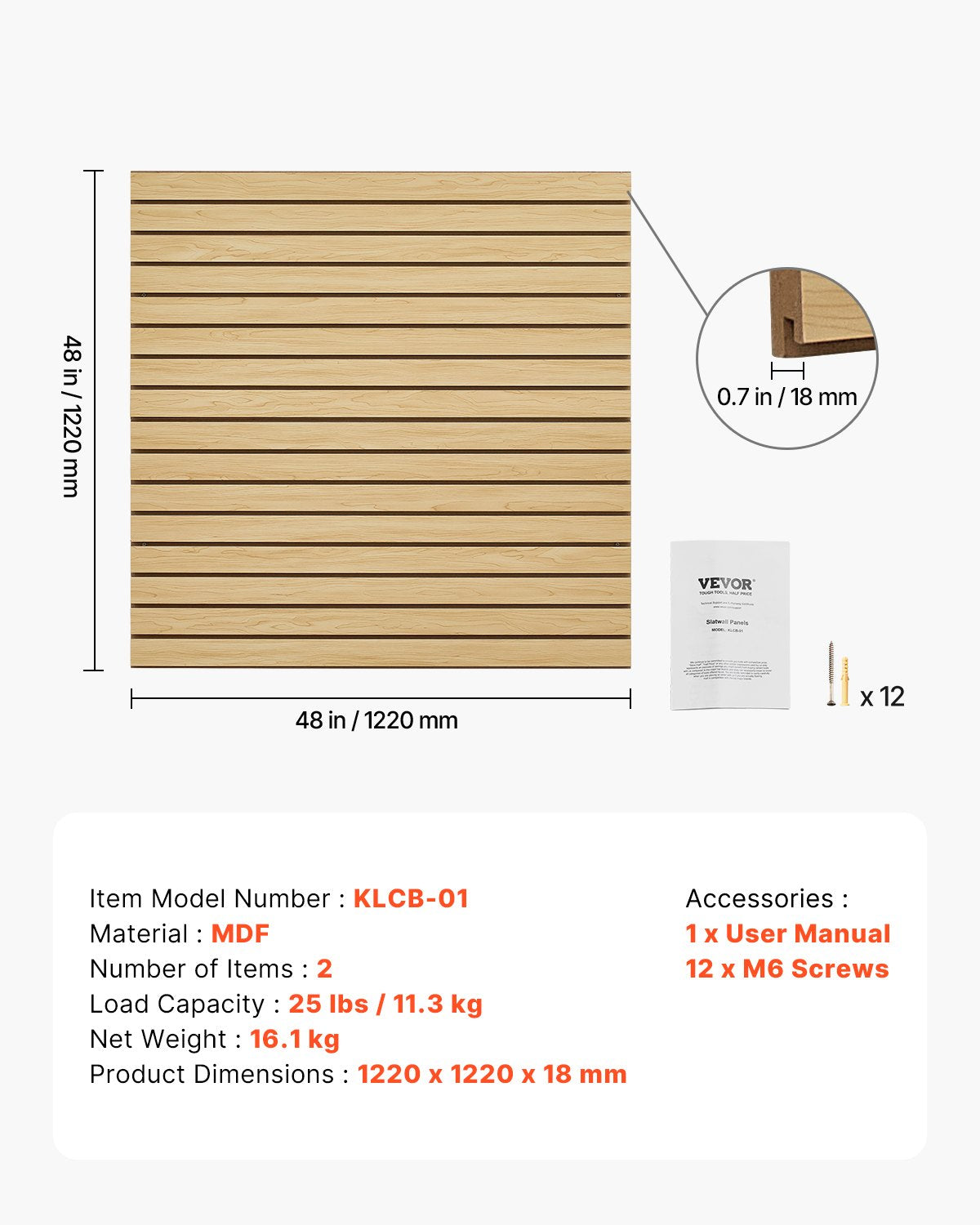 VEVOR 4 x 4 ft SlatWall Paneling MDF Natural Garage Slatwall with Modular Design 
