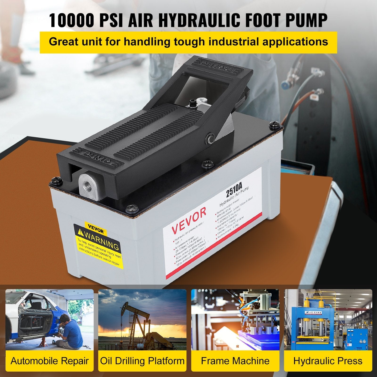 VEVOR 2510A Air Hydraulic Pump 10,000 PSI Quick Power Air Hydraulic Foot Pump 0.42 Gal Reservoir Foot Actuated Hydraulic Pump for Heavy Machinery Rigging & Auto Repair, Gray 
