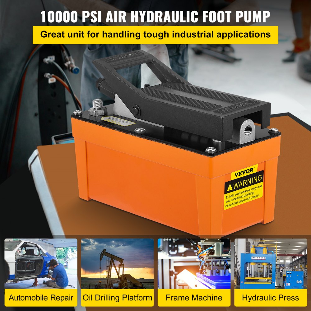 VEVOR Air Hydraulic Pump 10000 PSI Air Over Hydraulic Pump 0.42 Gal Reservoir Air Treadle Foot Actuated Hydraulic Pump 3/8" NPT with 6.56 ft Hose 2 Connector Single Acting for Car Repair (Orange) 