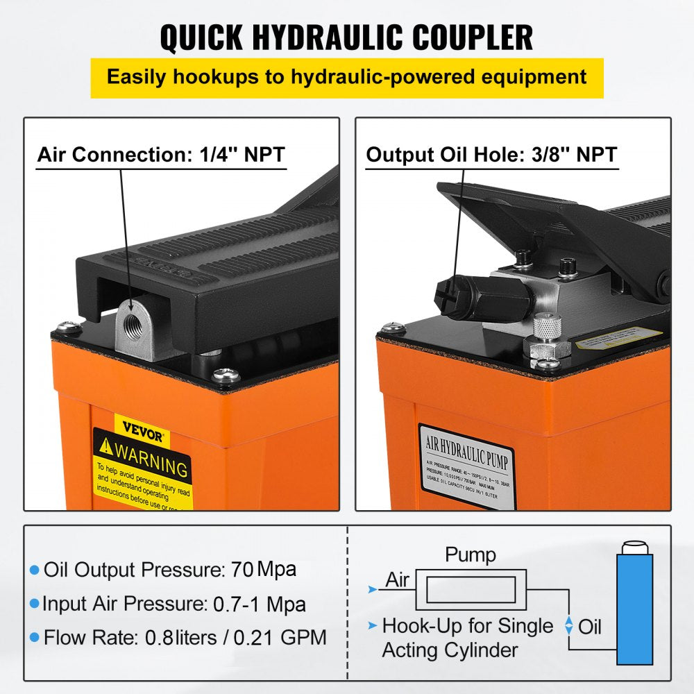 VEVOR Air Hydraulic Pump 10000 PSI Air Over Hydraulic Pump 0.42 Gal Reservoir Air Treadle Foot Actuated Hydraulic Pump 3/8" NPT with 6.56 ft Hose 2 Connector Single Acting for Car Repair (Orange) 