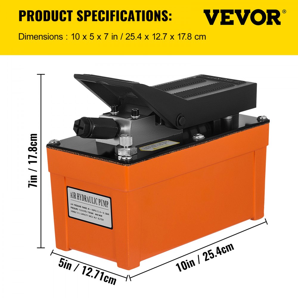 VEVOR Air Hydraulic Pump 10000 PSI Air Over Hydraulic Pump 0.42 Gal Reservoir Air Treadle Foot Actuated Hydraulic Pump 3/8" NPT with 6.56 ft Hose 2 Connector Single Acting for Car Repair (Orange) 