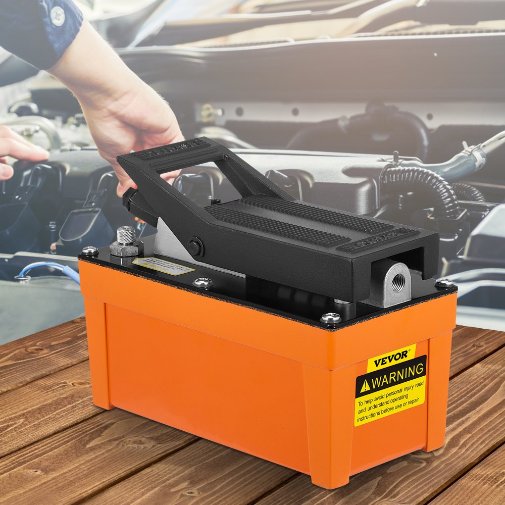 VEVOR Air Hydraulic Pump 10000 PSI Air Over Hydraulic Pump 0.42 Gal Reservoir Air Treadle Foot Actuated Hydraulic Pump 3/8" NPT with 6.56 ft Hose 2 Connector Single Acting for Car Repair (Orange) 