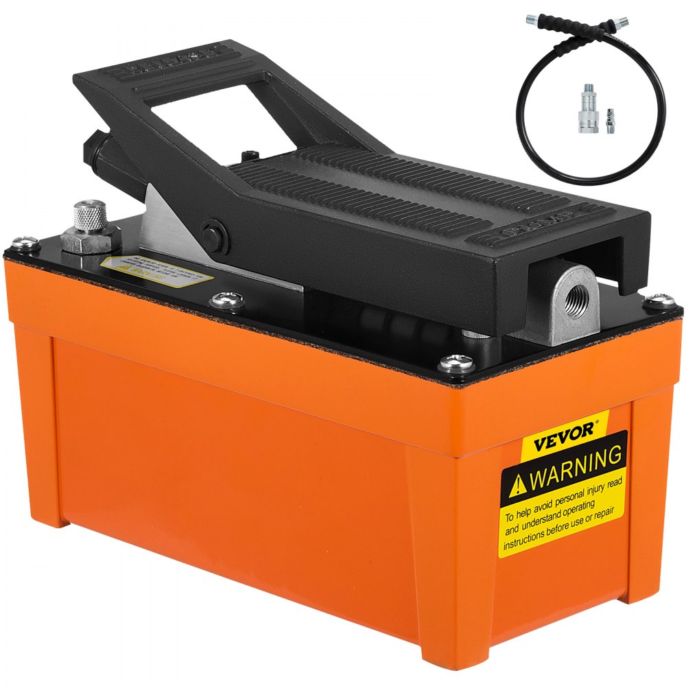 VEVOR Air Hydraulic Pump 10000 PSI Air Over Hydraulic Pump 0.42 Gal Reservoir Air Treadle Foot Actuated Hydraulic Pump 3/8" NPT with 6.56 ft Hose 2 Connector Single Acting for Car Repair (Orange) 
