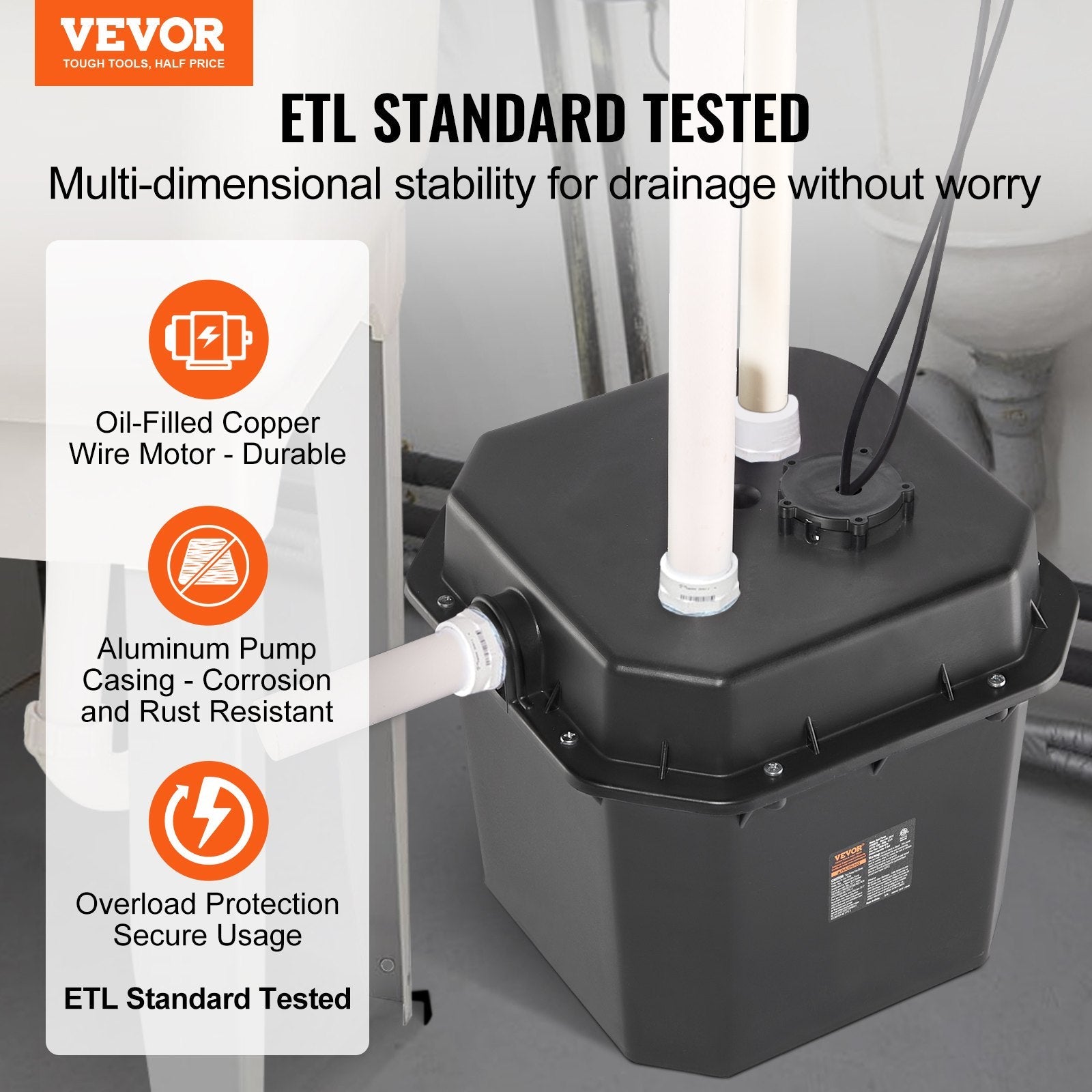 VEVOR Utility Sink Pump, 1/3 HP, 120-Volt, 2900 GPH Flow, 25 ft Head, Under-Sink Sump Pump System with 6 Gallon Basin, Automatic Utility/Laundry Sink Pump, Drain Pump with 1-1/2" NPT Outlet, Black 