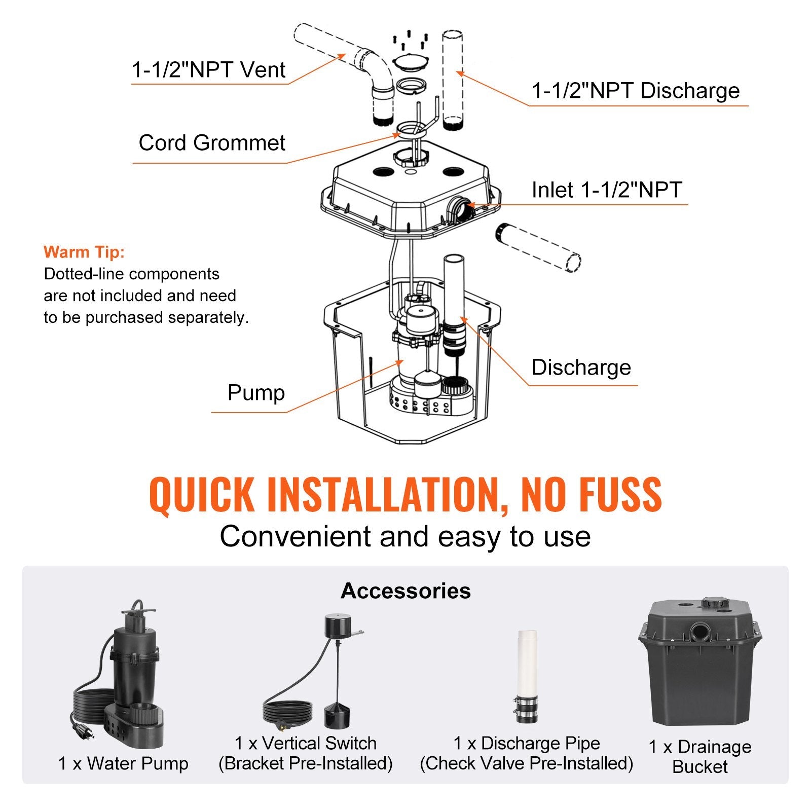 VEVOR Utility Sink Pump, 1/3 HP, 120-Volt, 2900 GPH Flow, 25 ft Head, Under-Sink Sump Pump System with 6 Gallon Basin, Automatic Utility/Laundry Sink Pump, Drain Pump with 1-1/2" NPT Outlet, Black 