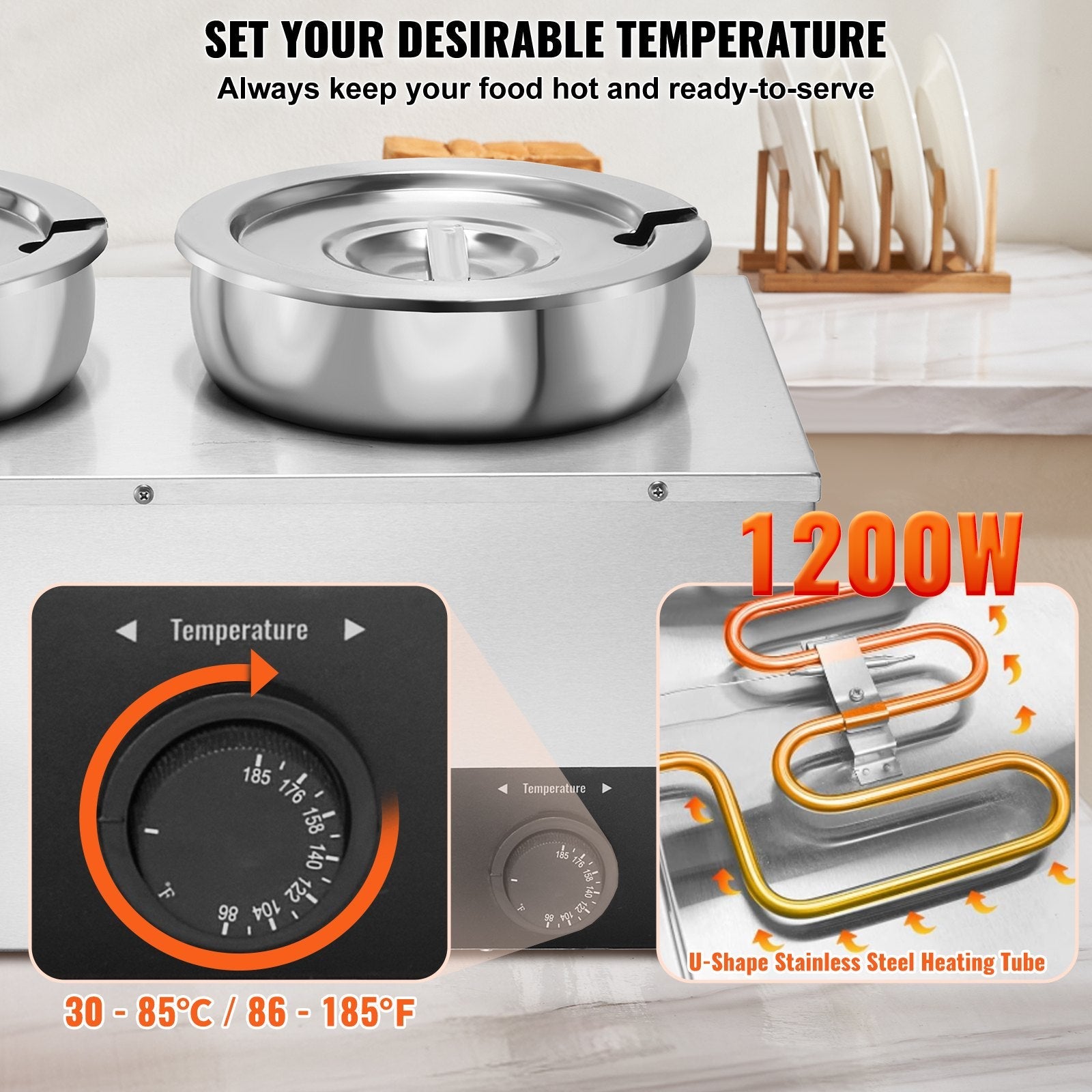 VEVOR Electric Soup Warmer, Dual 7.4QT Stainless Steel Round Pot 86~185°F Adjustable Temp, 1200W Commercial Bain Marie with Anti-dry Burn and Reset Button, Soup Station for Restaurant, Buffet, Silver 