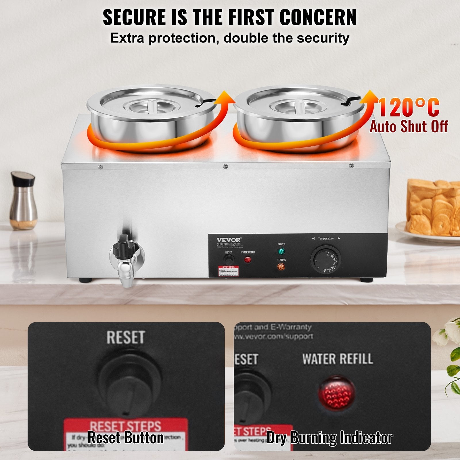 VEVOR Electric Soup Warmer, Dual 7.4QT Stainless Steel Round Pot 86~185°F Adjustable Temp, 1200W Commercial Bain Marie with Anti-dry Burn and Reset Button, Soup Station for Restaurant, Buffet, Silver 