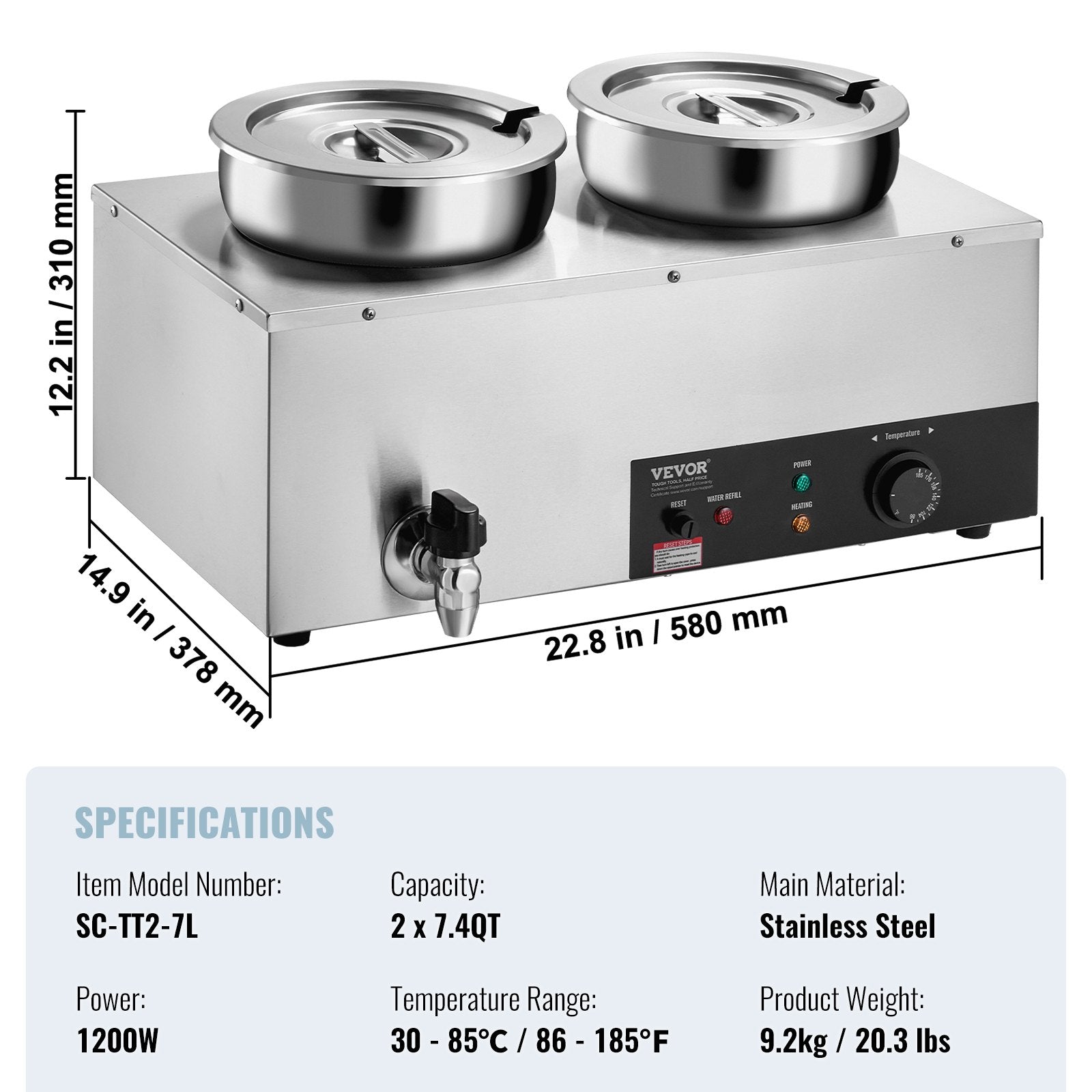 VEVOR Electric Soup Warmer, Dual 7.4QT Stainless Steel Round Pot 86~185°F Adjustable Temp, 1200W Commercial Bain Marie with Anti-dry Burn and Reset Button, Soup Station for Restaurant, Buffet, Silver 