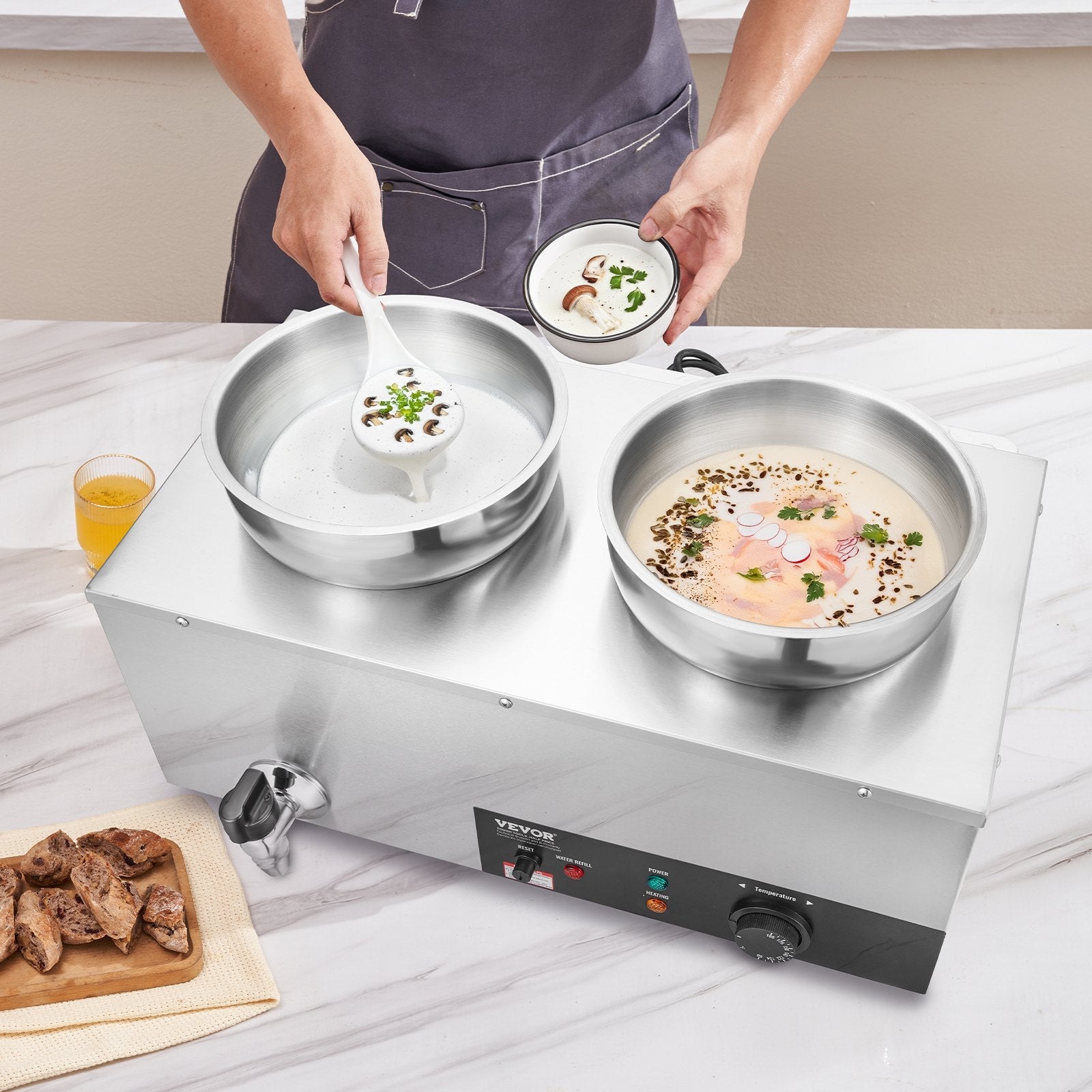 VEVOR Electric Soup Warmer, Dual 7.4QT Stainless Steel Round Pot 86~185°F Adjustable Temp, 1200W Commercial Bain Marie with Anti-dry Burn and Reset Button, Soup Station for Restaurant, Buffet, Silver 
