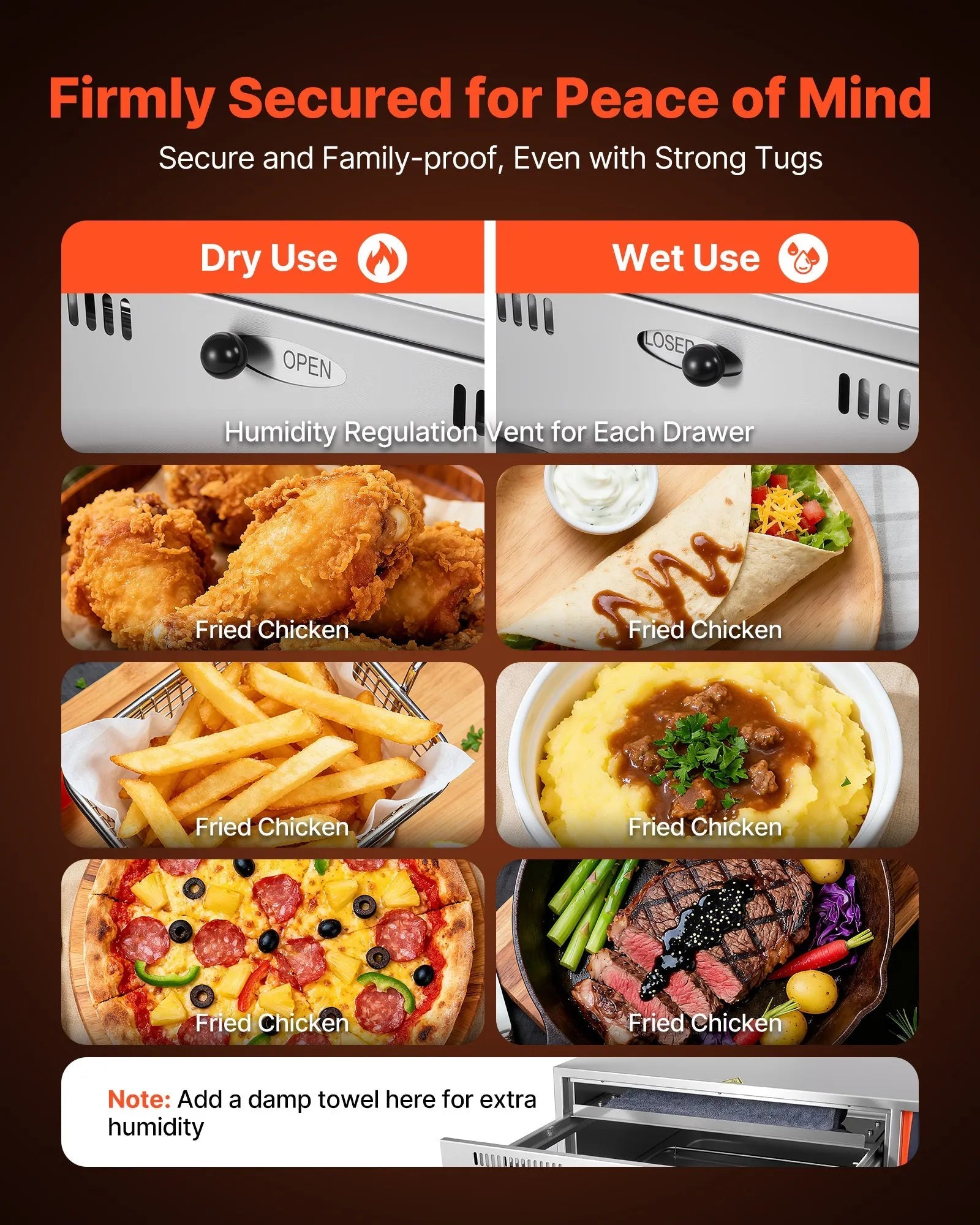 VEVOR Commercial Electric Drawer Warmer, Single-Drawer Stainless Steel Food Warmer, Freestanding Standard Warming Drawer Cabinet, 85°F–185°F Wide Temperature Range, for Restaurant, Hotel & Bakery 