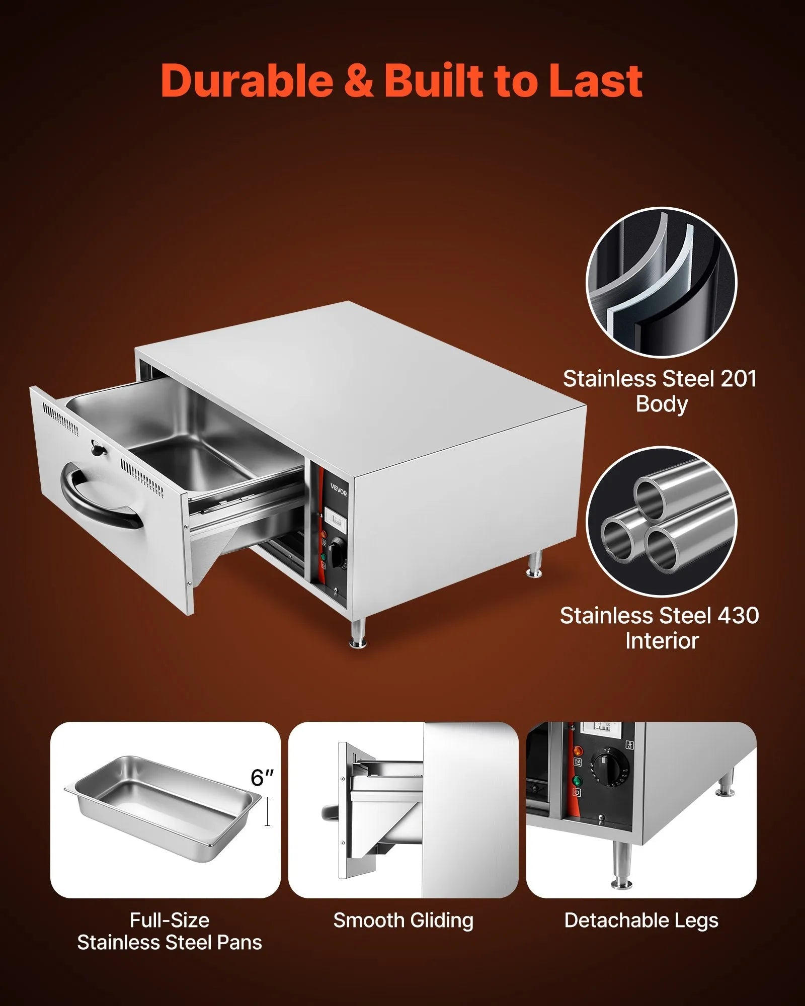 VEVOR Commercial Electric Drawer Warmer, Single-Drawer Stainless Steel Food Warmer, Freestanding Standard Warming Drawer Cabinet, 85°F–185°F Wide Temperature Range, for Restaurant, Hotel & Bakery 