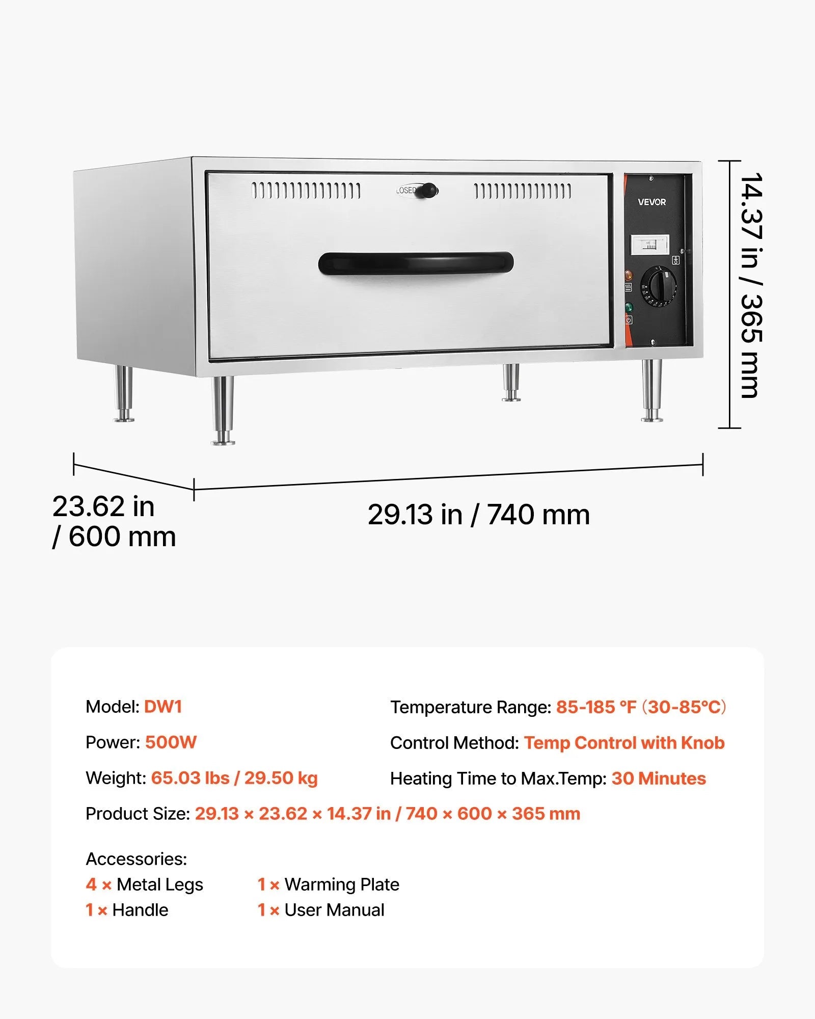 VEVOR Commercial Electric Drawer Warmer, Single-Drawer Stainless Steel Food Warmer, Freestanding Standard Warming Drawer Cabinet, 85°F–185°F Wide Temperature Range, for Restaurant, Hotel & Bakery 