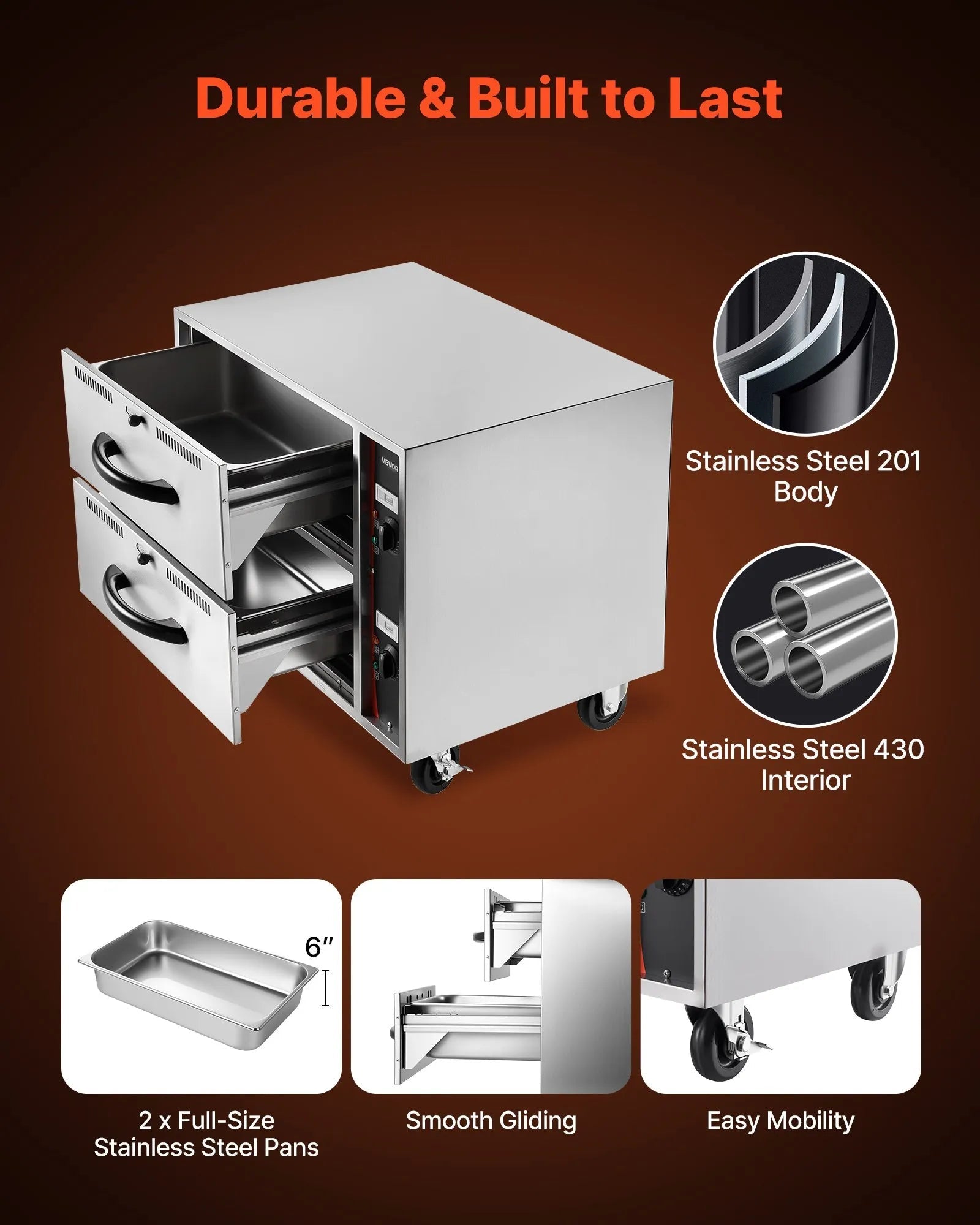 VEVOR Commercial Electric Drawer Warmer, Two-Drawer Stainless Steel Food Warmer, Freestanding Standard Warming Drawer Cabinet, 85°F–185°F Wide Temperature Range, for Restaurant, Hotel Buffet & Bakery 