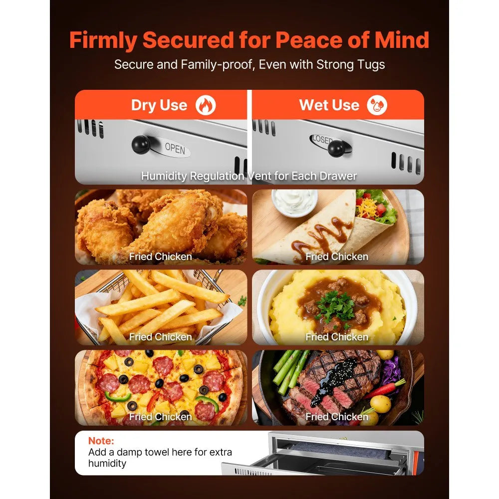 VEVOR Commercial Electric Drawer Warmer, Three-Drawer Stainless Steel Food Warmer, Freestanding Standard Warming Drawer Cabinet, 85°F–185°F Wide Temperature Range, for Restaurant, Hotel Buffet, Bakery 