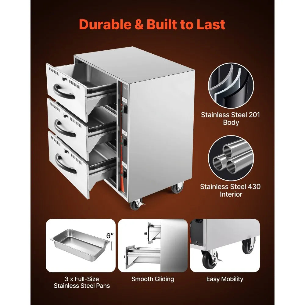 VEVOR Commercial Electric Drawer Warmer, Three-Drawer Stainless Steel Food Warmer, Freestanding Standard Warming Drawer Cabinet, 85°F–185°F Wide Temperature Range, for Restaurant, Hotel Buffet, Bakery 