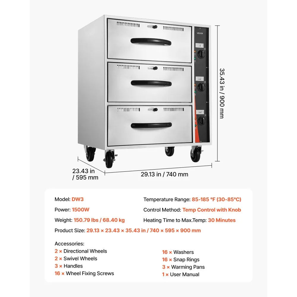 VEVOR Commercial Electric Drawer Warmer, Three-Drawer Stainless Steel Food Warmer, Freestanding Standard Warming Drawer Cabinet, 85°F–185°F Wide Temperature Range, for Restaurant, Hotel Buffet, Bakery 