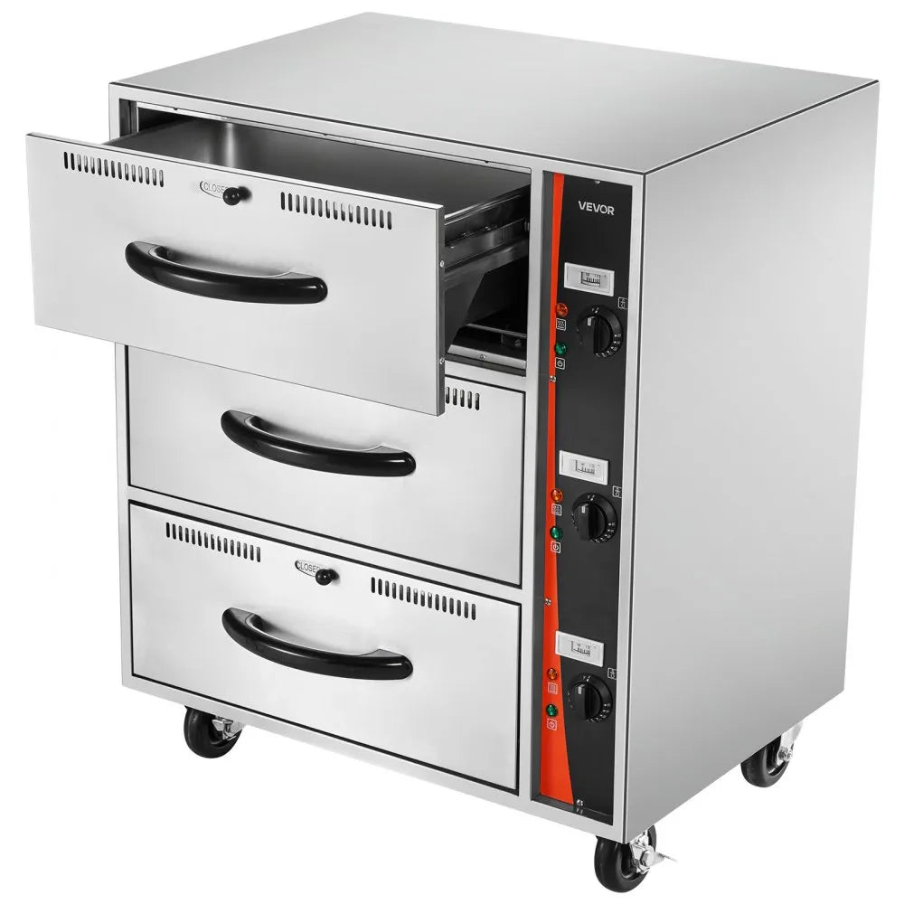 VEVOR Commercial Electric Drawer Warmer, Three-Drawer Stainless Steel Food Warmer, Freestanding Standard Warming Drawer Cabinet, 85°F–185°F Wide Temperature Range, for Restaurant, Hotel Buffet, Bakery 