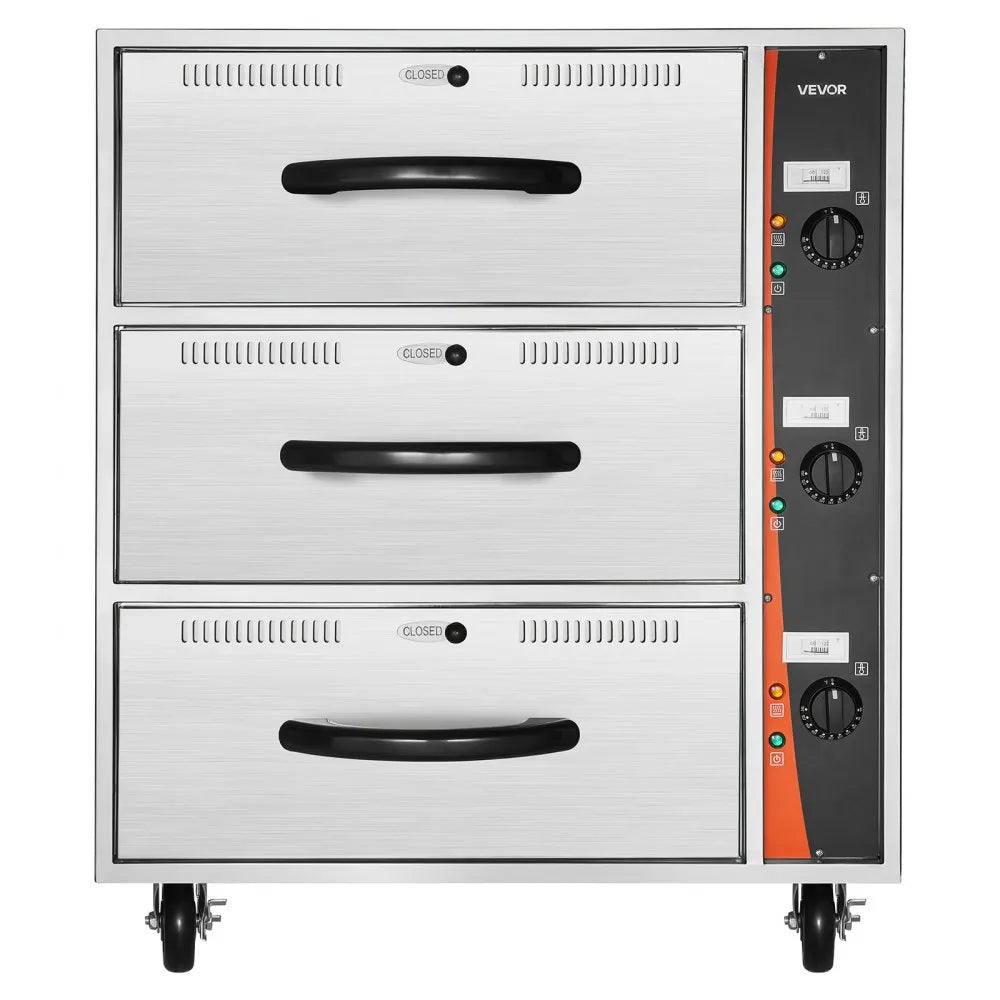VEVOR Commercial Electric Drawer Warmer, Three-Drawer Stainless Steel Food Warmer, Freestanding Standard Warming Drawer Cabinet, 85°F–185°F Wide Temperature Range, for Restaurant, Hotel Buffet, Bakery 
