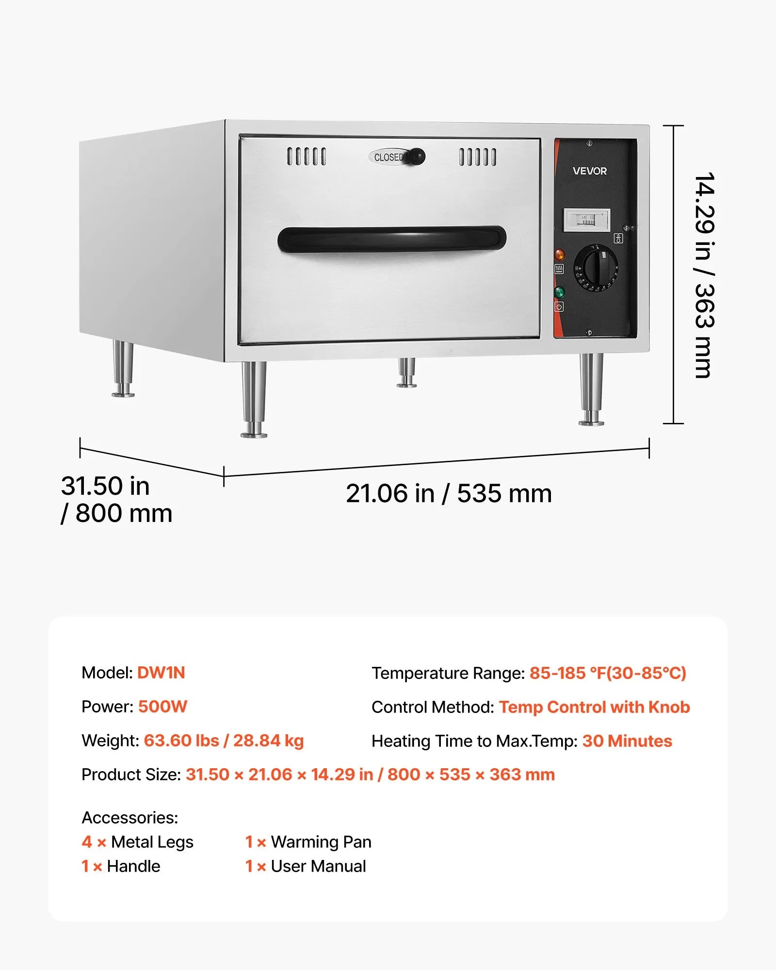 VEVOR Commercial Electric Drawer Warmer, Single-Drawer Stainless Steel Food Warmer, Freestanding Slim Warming Drawer Cabinet, 85°F–185°F Wide Temperature Range, for Restaurant, Hotel, Bakery & Kitchen 