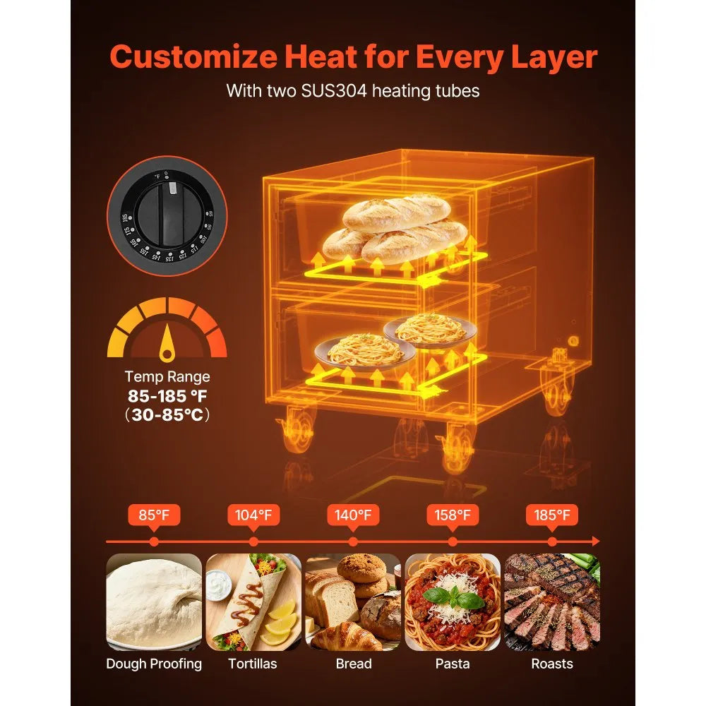 VEVOR Commercial Electric Drawer Warmer, 2 Full-Size Pan Stainless Steel Food Warmer, Freestanding Standard Warming Drawer Cabinet, 85°F–185°F Wide Temperature Range, for Restaurant, Hotel Buffet & Bakery 