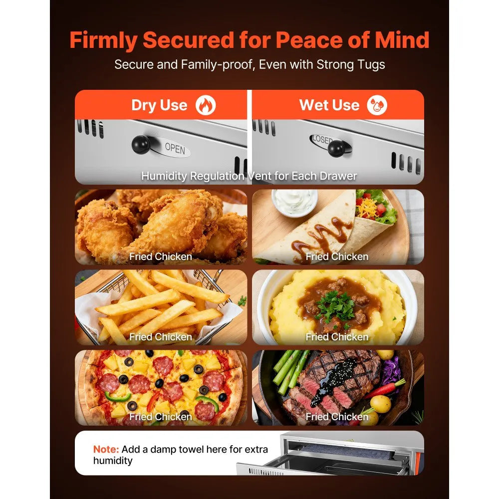 VEVOR Commercial Electric Drawer Warmer, 2 Full-Size Pan Stainless Steel Food Warmer, Freestanding Standard Warming Drawer Cabinet, 85°F–185°F Wide Temperature Range, for Restaurant, Hotel Buffet & Bakery 