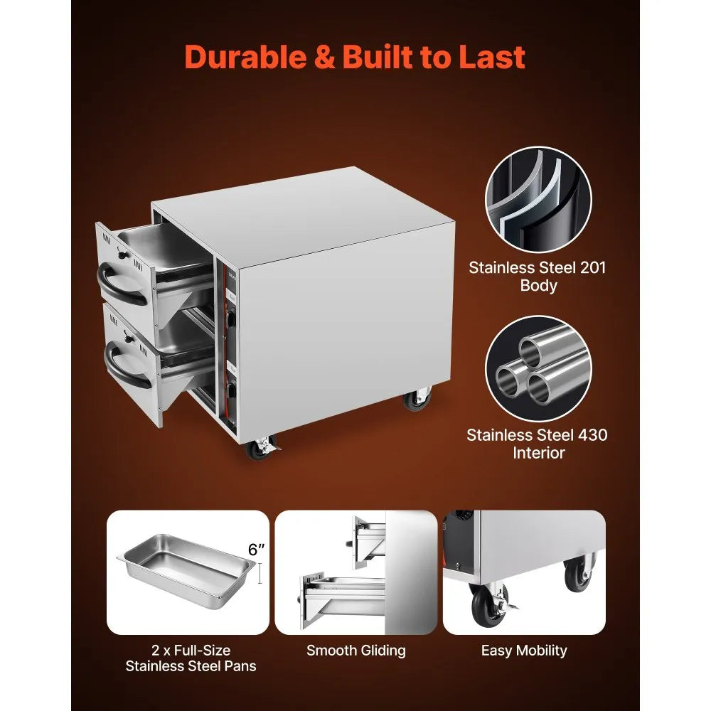 VEVOR Commercial Electric Drawer Warmer, 2 Full-Size Pan Stainless Steel Food Warmer, Freestanding Standard Warming Drawer Cabinet, 85°F–185°F Wide Temperature Range, for Restaurant, Hotel Buffet & Bakery 