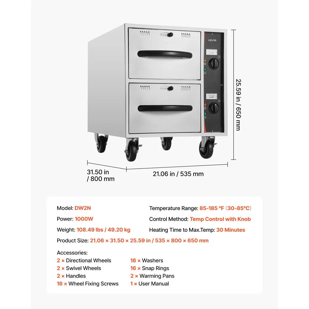 VEVOR Commercial Electric Drawer Warmer, 2 Full-Size Pan Stainless Steel Food Warmer, Freestanding Standard Warming Drawer Cabinet, 85°F–185°F Wide Temperature Range, for Restaurant, Hotel Buffet & Bakery 
