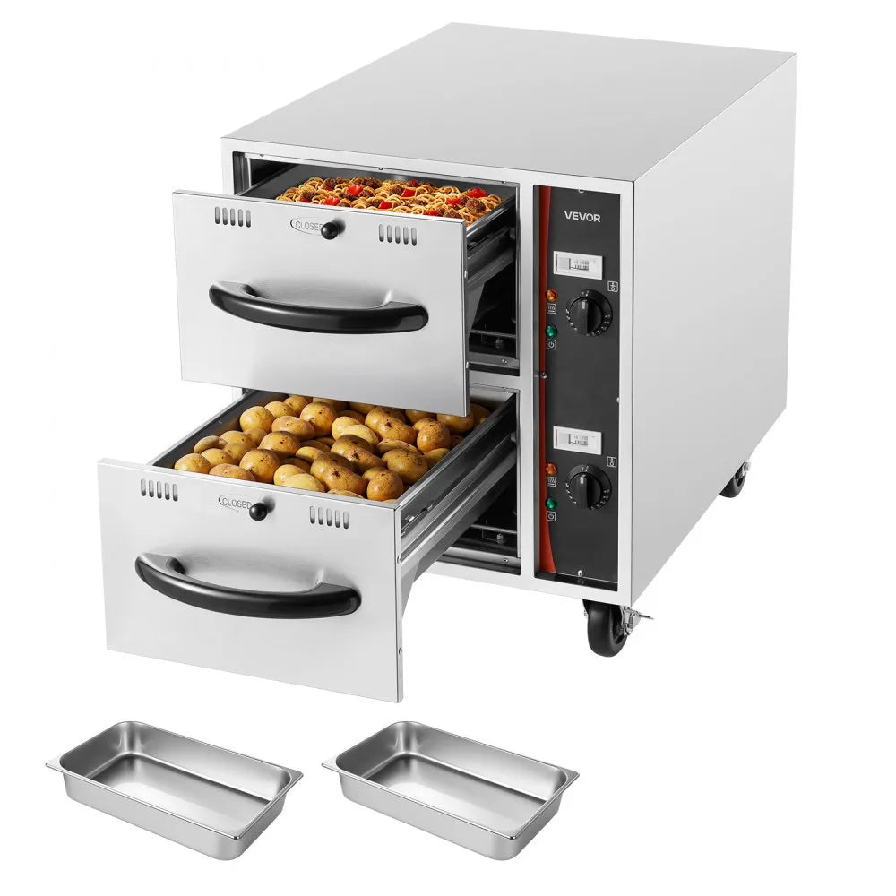VEVOR Commercial Electric Drawer Warmer, 2 Full-Size Pan Stainless Steel Food Warmer, Freestanding Standard Warming Drawer Cabinet, 85°F–185°F Wide Temperature Range, for Restaurant, Hotel Buffet & Bakery 