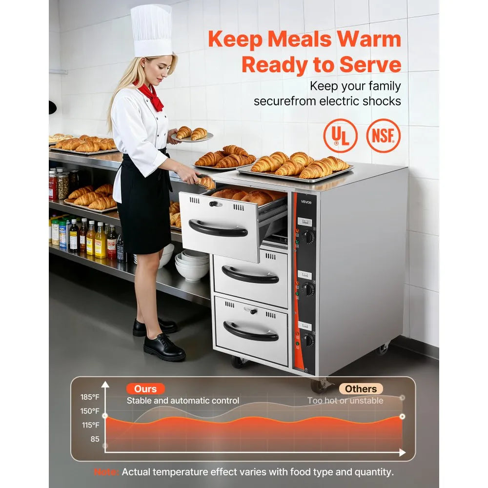 VEVOR Commercial Electric Drawer Warmer, Three-Drawer Stainless Steel Food Warmer, Freestanding Compact Warming Drawer Cabinet, 85°F–185°F Wide Temperature Range, for Restaurant, Hotel Buffet & Bakery 