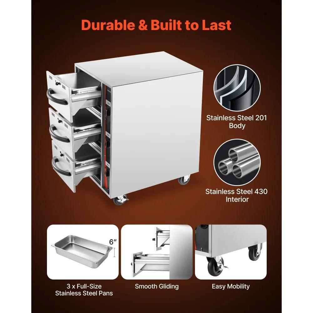 VEVOR Commercial Electric Drawer Warmer, Three-Drawer Stainless Steel Food Warmer, Freestanding Compact Warming Drawer Cabinet, 85°F–185°F Wide Temperature Range, for Restaurant, Hotel Buffet & Bakery 