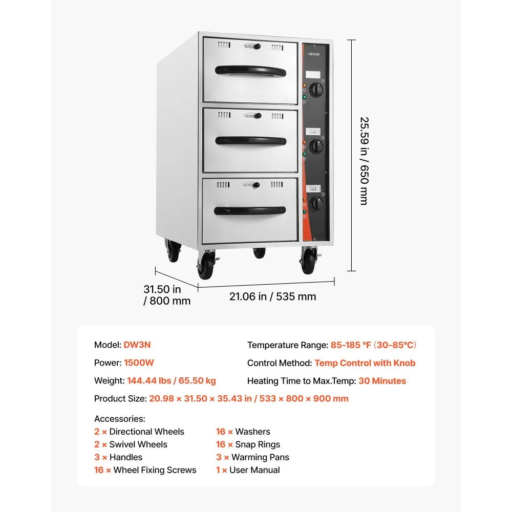 VEVOR Commercial Electric Drawer Warmer, Three-Drawer Stainless Steel Food Warmer, Freestanding Compact Warming Drawer Cabinet, 85°F–185°F Wide Temperature Range, for Restaurant, Hotel Buffet & Bakery 