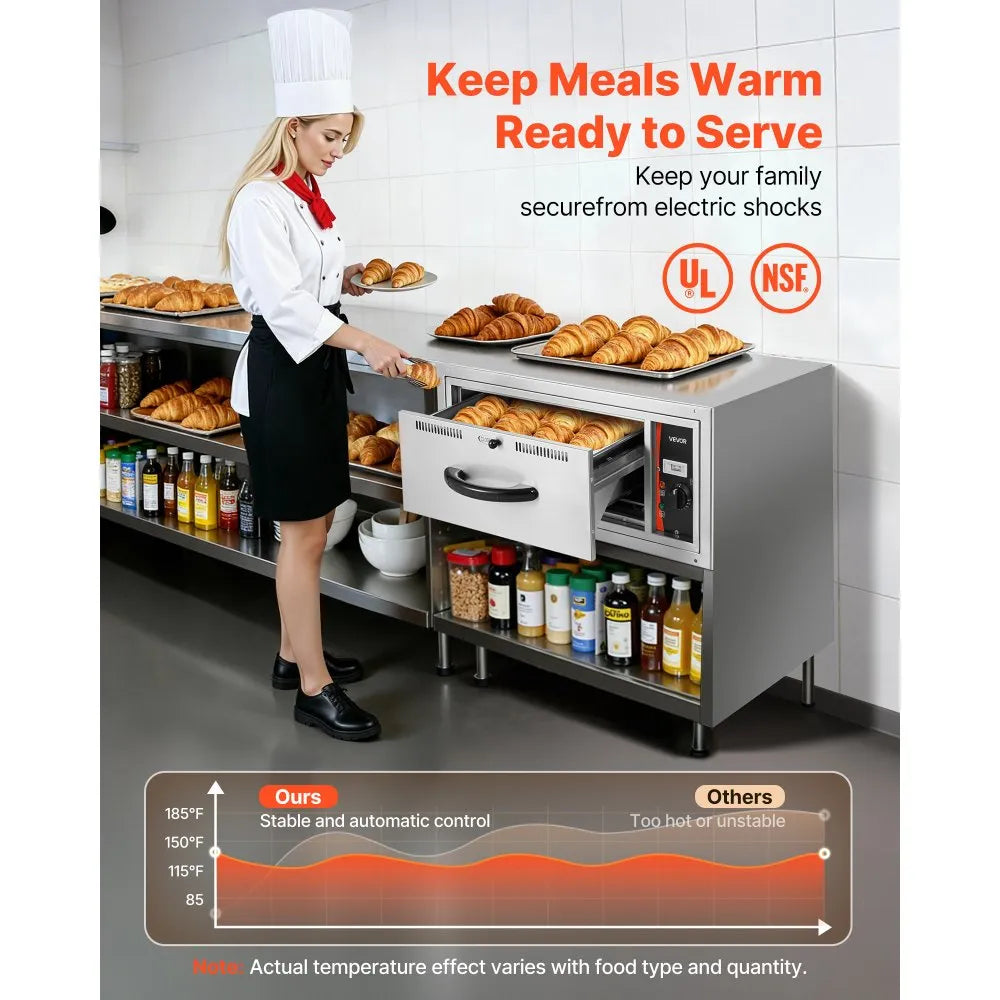 VEVOR Commercial Electric Drawer Warmer, Single-Drawer Stainless Steel Food Warmer, Built-in Installation Warming Drawer Cabinet, 85°F–185°F Wide Temperature Range, for Restaurant, Hotel & Bakery 